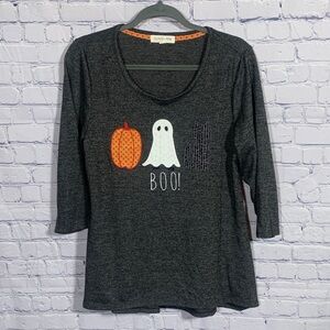Clover + Pine Womens  Ghost Cat Pumpkin 3/4 Sleeve Top Gray Size L Halloween